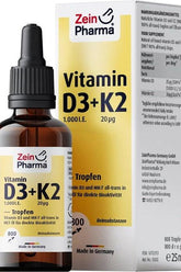 Zein Pharma Vitamin D3 + K2 drops in brown glass bottle for healthy bones and high bioavailability.